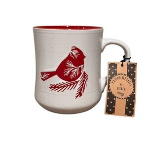 Peppermint & Pine Holiday Cardinal Bird Winter Tree Embossed Ceramic Coffee Mug